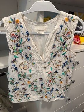 Anthropologie White Sleeveless V-Neck Top with Multicolor Floral Embroidery